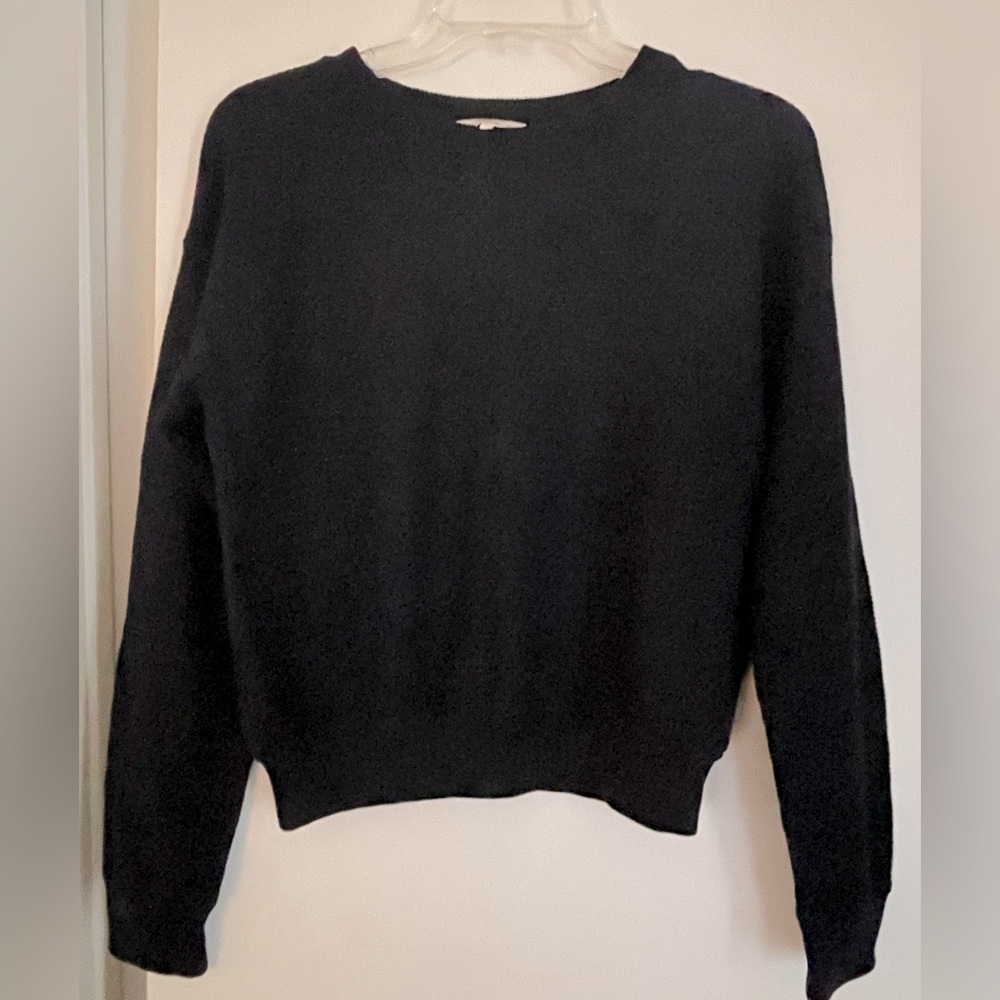 VINCE-Navy Blue Cotton Cropped Crew Neck Sweater Waffled Long Sleeve NWOT